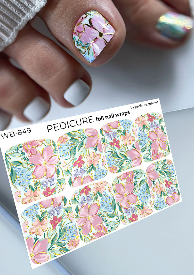 Pedicure Flowers. Watercolor. Foil gold. Large. Nail wrap WB-849