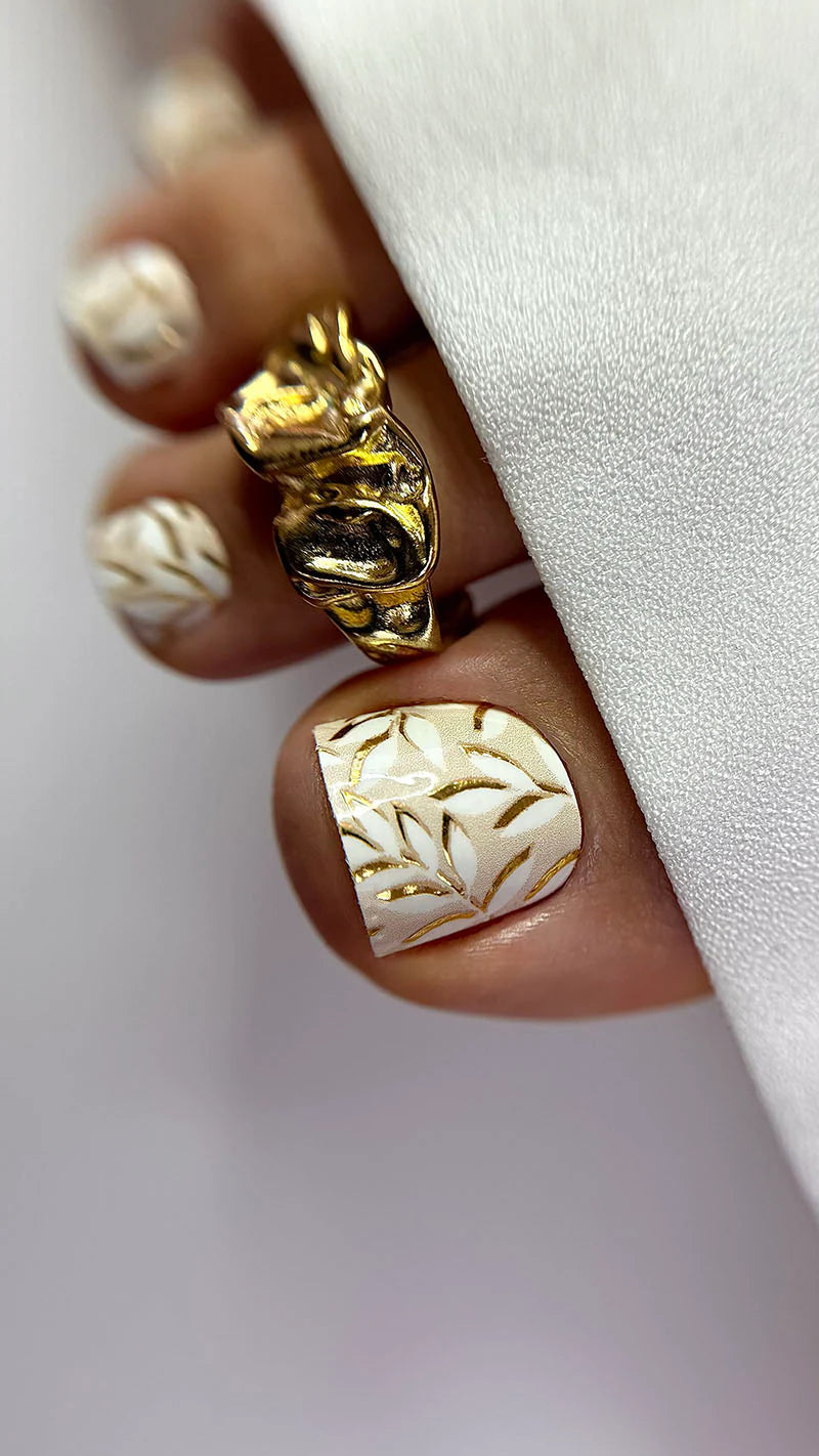 Pedicure White Branches Shadow. Gold Foil. Nail wrap WR-788