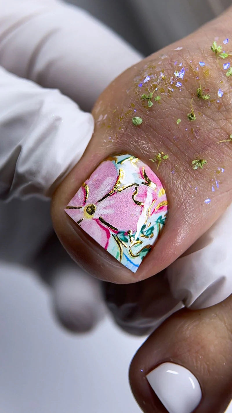 Pedicure Flowers. Watercolor. Foil gold. Nail wrap WR-850