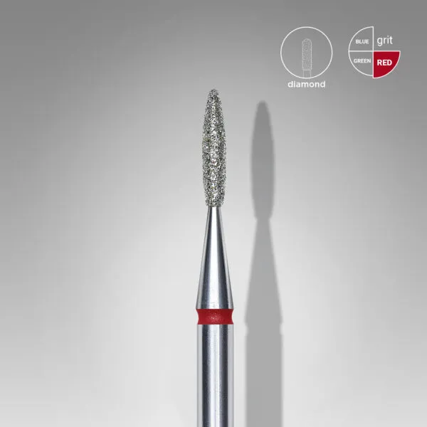 Diamond nail drill bit, flame, red, head diameter 1.6 mm/ working part 8 mm