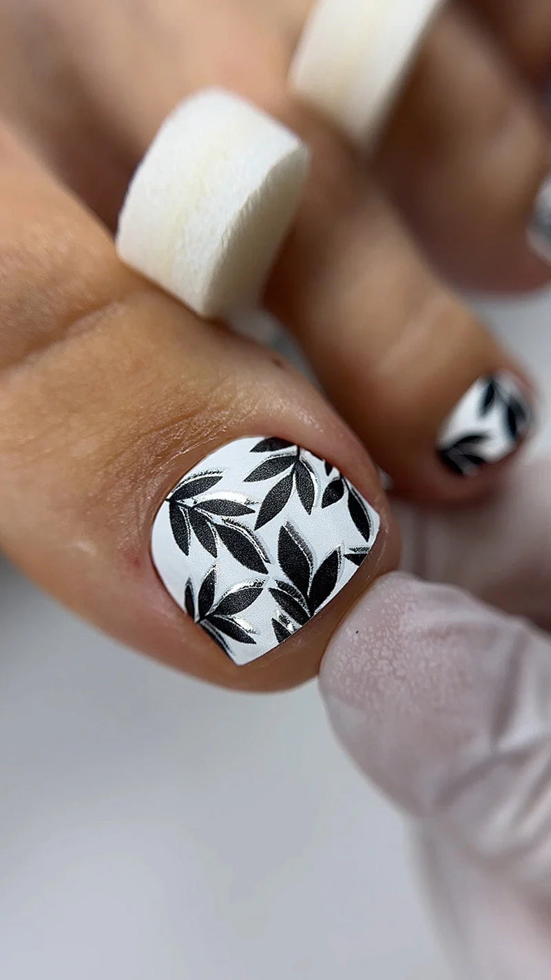 Pedicure Branches Black Shadow. Silver Foil. Large. Nail wraps WB-504