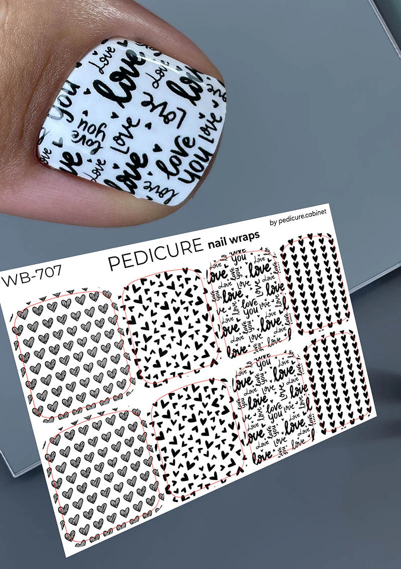 Pedicure Mix. Black and White Hearts. Large. Nail wrap WB-707