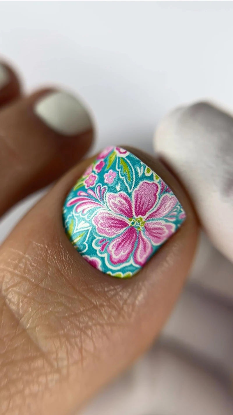 Flowers with Green and White Background. Large. Nail wrap WB-718