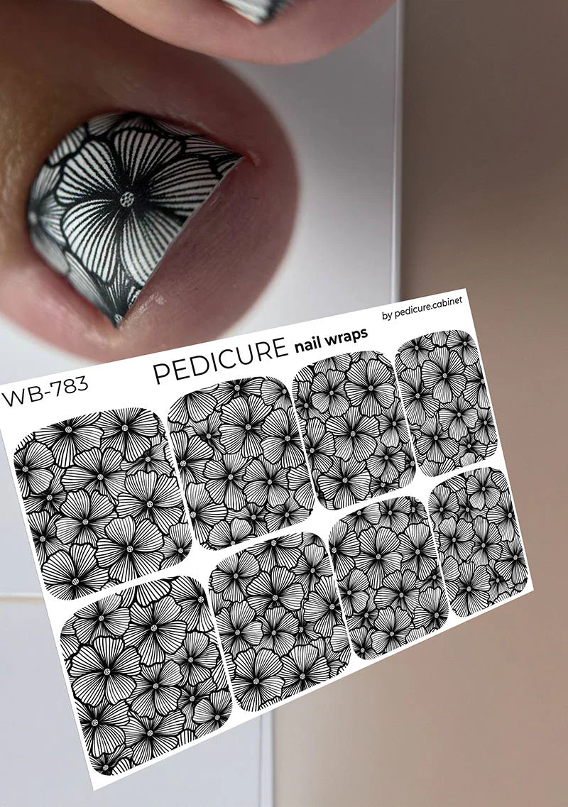 Pedicure Flowers. Black and white. Large. Nail wrap WB-783