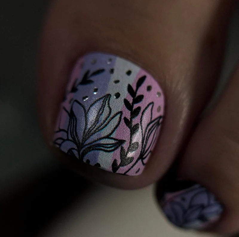 Pedicure Black flowers. Pink lilac. Foil silver. Large. Nail wrap WB-824