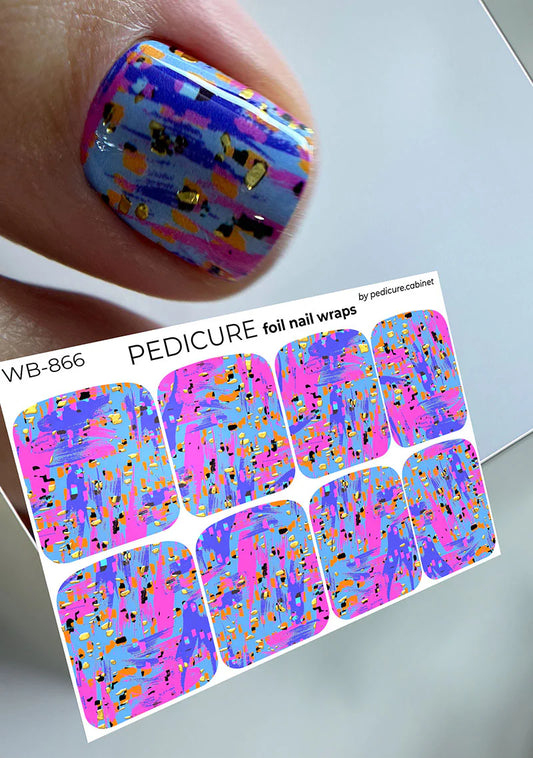 Pedicure Abstraction. Purple pink and orange. Foil gold. Large. Nail wrap WB-866