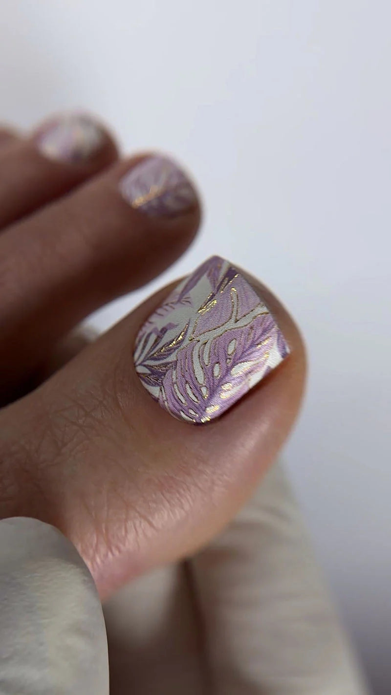 Pedicure Monstera pink. Gold Foil. Nail wraps WR-412