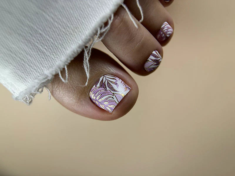 Pedicure Monstera pink. Gold Foil. Nail wraps WR-412