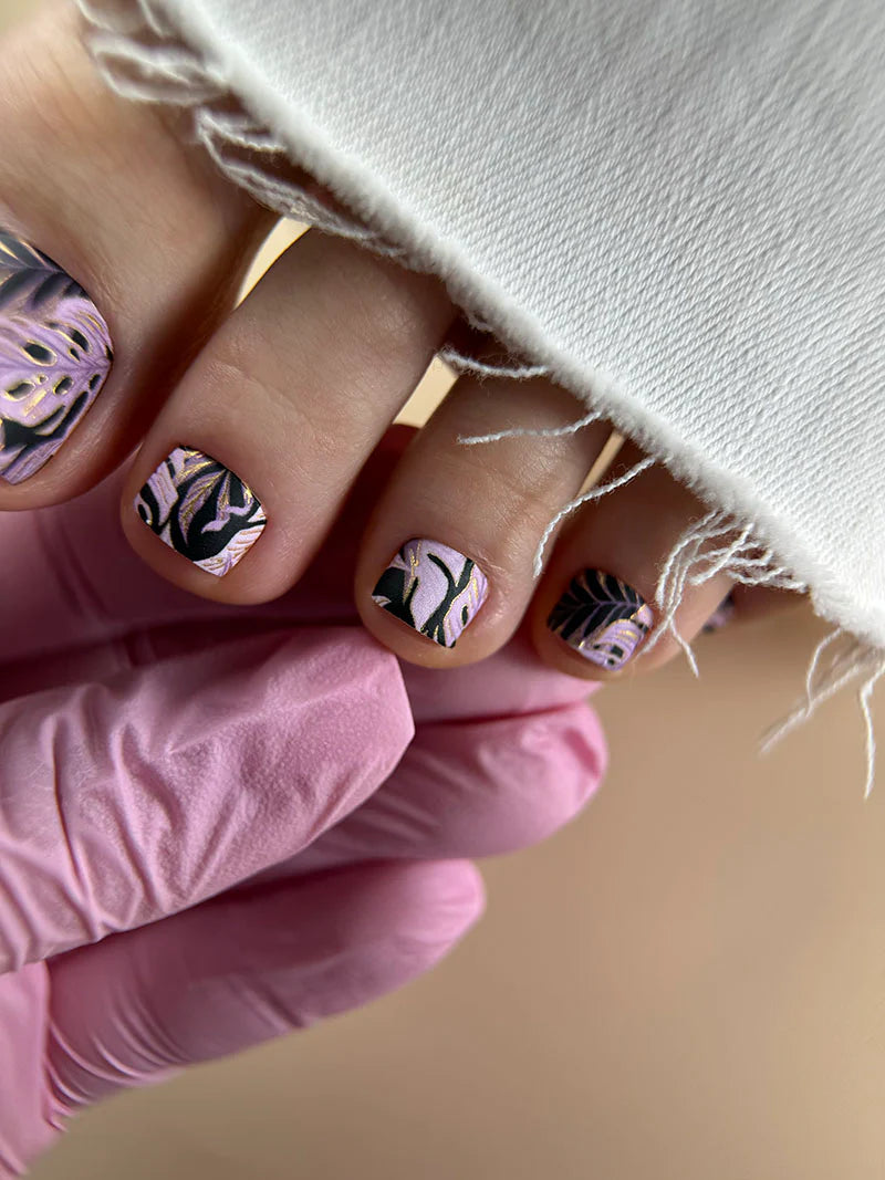 Pedicure Monstera pink. Gold Foil. Nail wraps WR-412