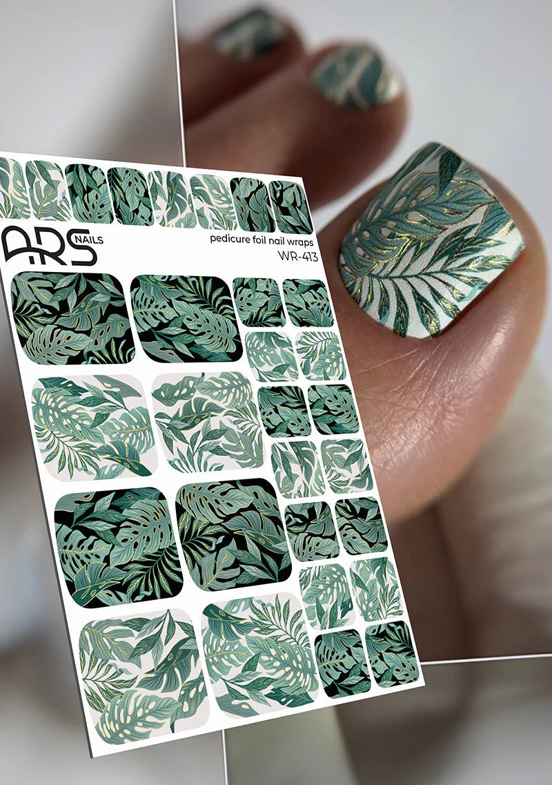 Pedicure Monstera green. Gold Foil. Nail wraps WR-413