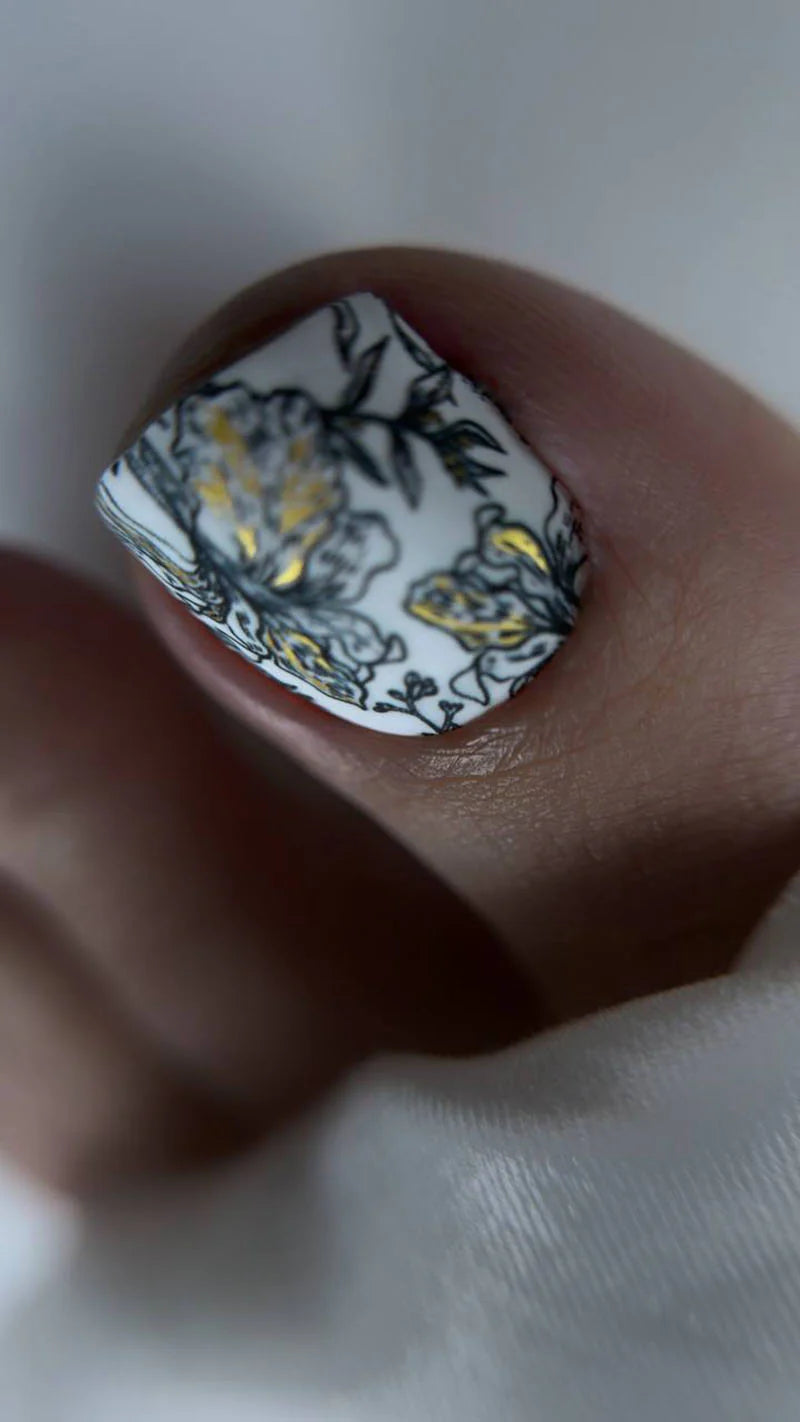 Pedicure Black flowers on white. Gold Foil. Nail wraps WR-427