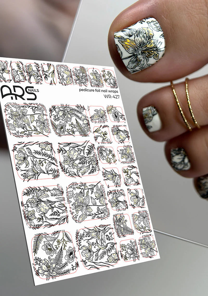 Pedicure Black flowers on white. Gold Foil. Nail wraps WR-427