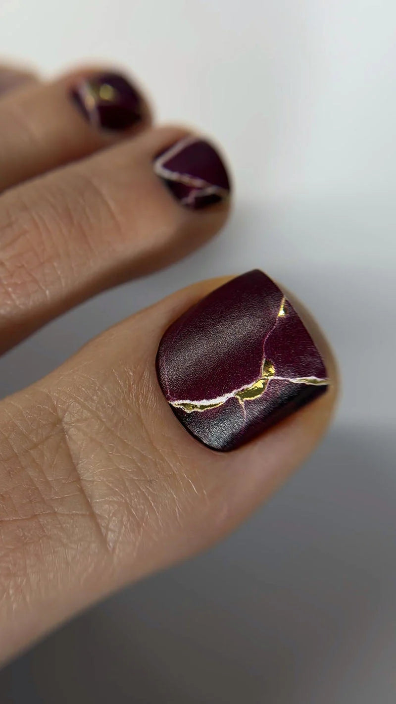 Pedicure Burgundy with white stripe. Gold Foil. Nail wraps WR-446