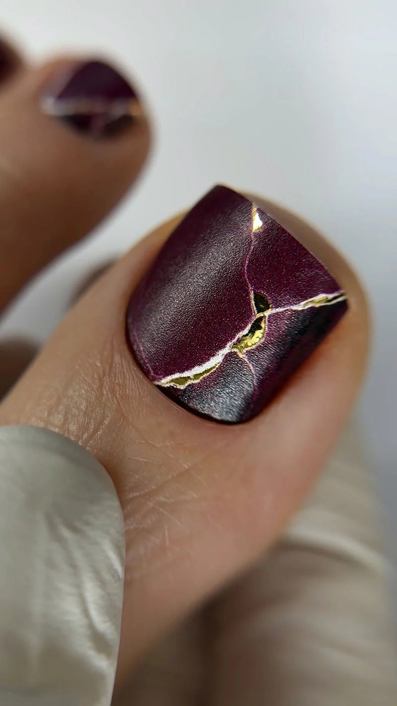Pedicure Burgundy with white stripe. Gold Foil. Nail wraps WR-446