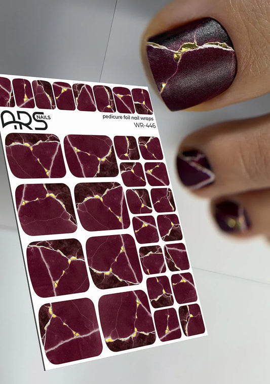Pedicure Burgundy with white stripe. Gold Foil. Nail wraps WR-446
