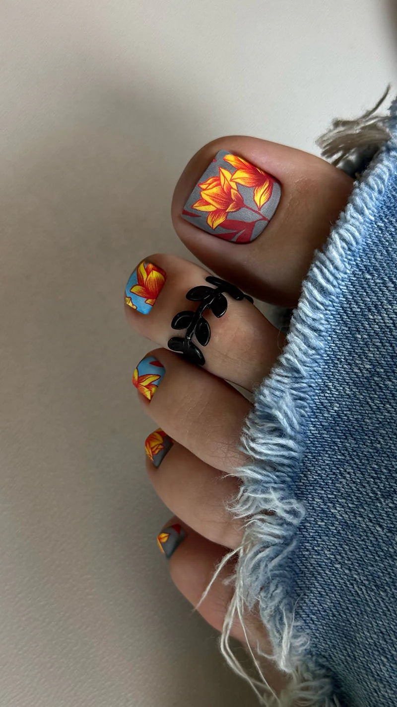 Pedicure Flowers. Gray and Blue Background. Nail wrap WR-637
