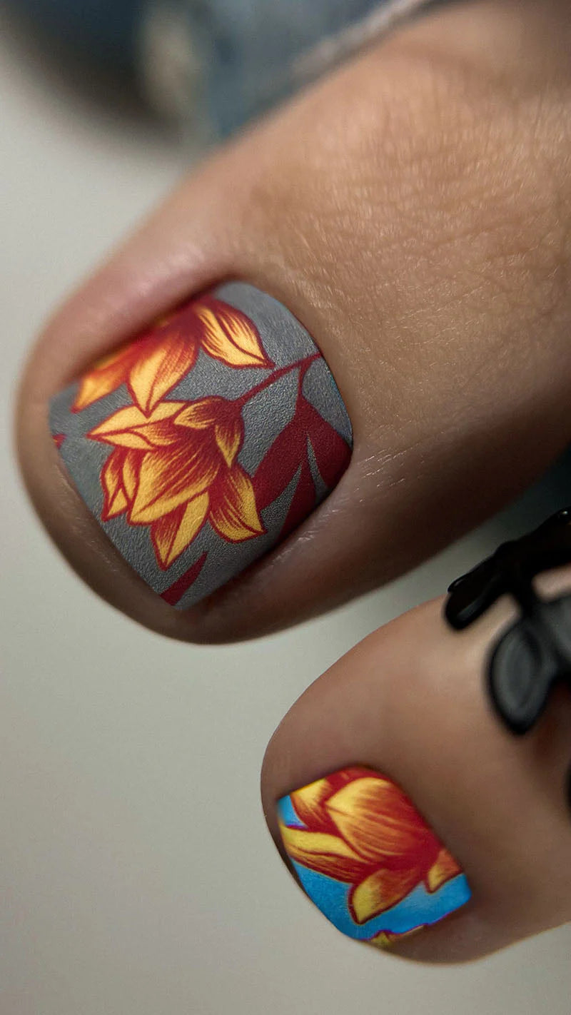 Pedicure Flowers. Gray and Blue Background. Nail wrap WR-637