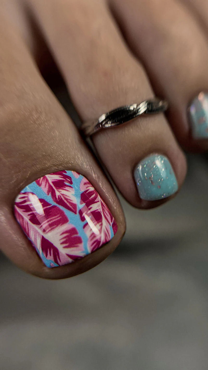 Pedicure Leaves pink background blue. Nail wrap WR-770