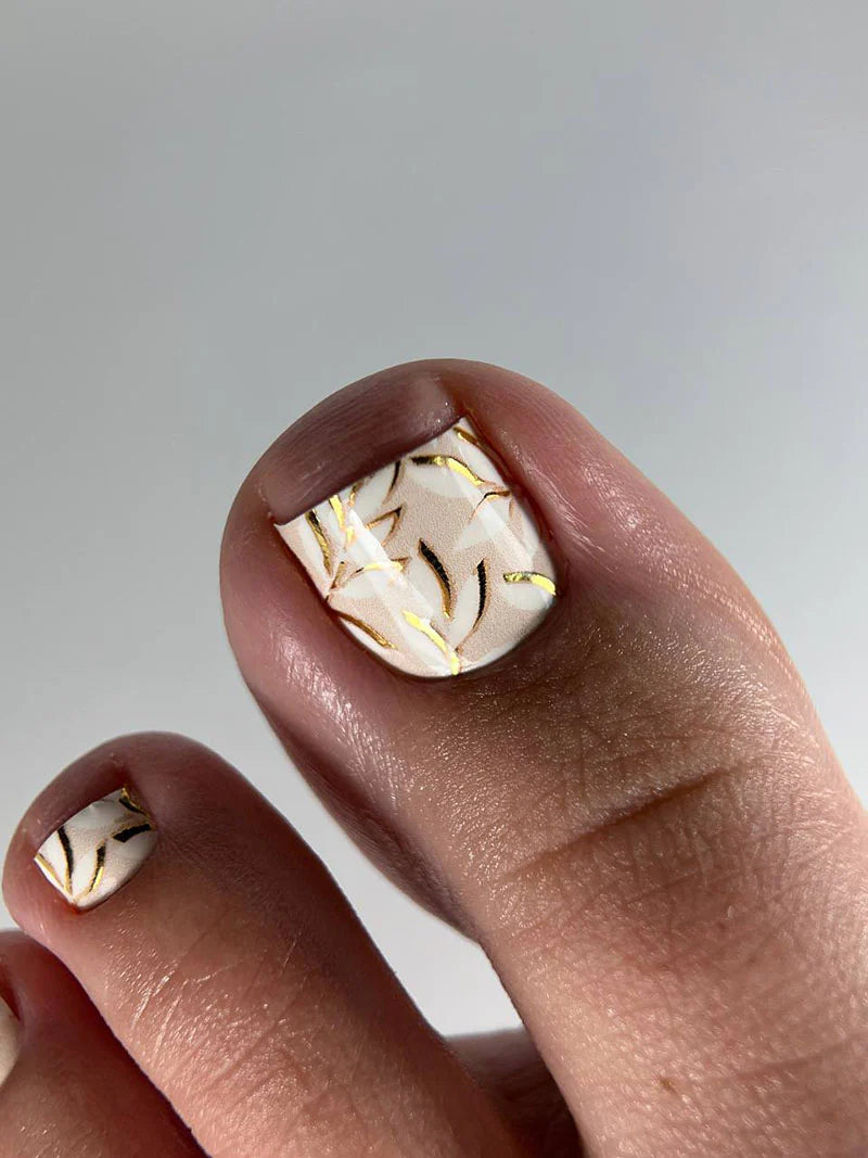 Pedicure White Branches Shadow. Gold Foil. Nail wrap WR-788